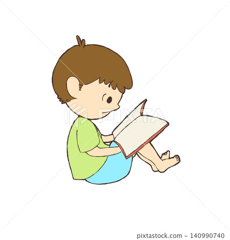 插圖描繪了一個孩子坐著看書的情景。 插圖描繪了一個孩子坐著看書的情景。 140990740