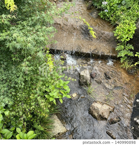 A lush Japanese garden landscape with green maple leaves and the sound of a babbling brook. A lush Japanese garden landscape with green maple leaves and the sound of a babbling brook. 140990898