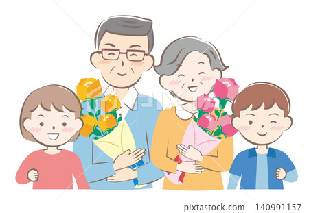 Grandparents and grandchildren receiving a bouquet of flowers on Respect for the Aged Day. Grandparents and grandchildren receiving a bouquet of flowers on Respect for the Aged Day. 140991157