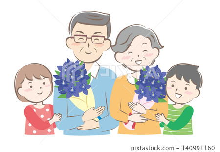 在敬老日,祖父母和孫輩們收到一束鮮花。 在敬老日,祖父母和孫輩們收到一束鮮花。 140991160