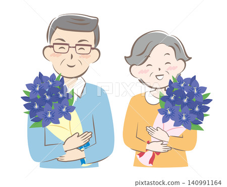 Grandpa and Grandma received a bouquet of gentian flowers on Respect for the Aged Day. 140991164