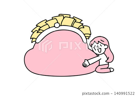 An illustration of a young woman hugging a coin purse full of money. An illustration of a young woman hugging a coin purse full of money. 140991522