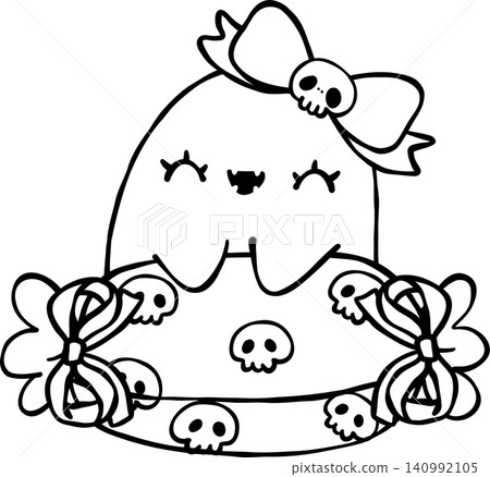Cute Halloween Ghost Outline with Candy and Skull Bow Doodle Hand Drawing Cute Halloween Ghost Outline with Candy and Skull Bow Doodle Hand Drawing 140992105
