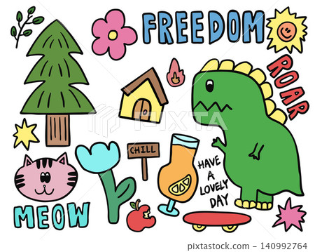Vector illustrations of kid drawing elements such as Christmas tree, pink flower, FREEDOM letters, green dinosaur doll, home, cat, lemon cocktail glass, bite apple, happy sun, tree leaves, skateboard Vector illustrations of kid drawing elements such as Christmas tree, pink flower, FREEDOM letters, green dinosaur doll, home, cat, lemon cocktail glass, bite apple, happy sun, tree leaves, skateboard 140992764