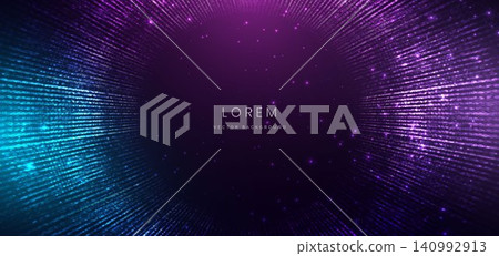 Futuristic Neon Particle Tunnel Background with Glowing Blue and Purple Digital Lights. 140992913