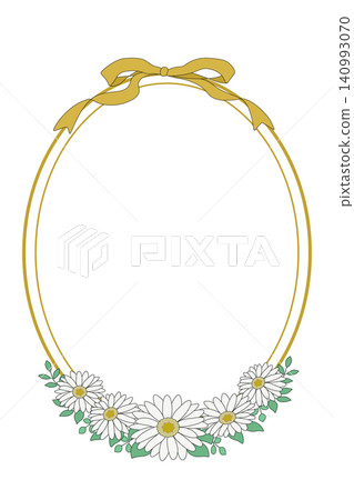 Natural oval frame with gerberas and leaves, gold, with ribbon. Natural oval frame with gerberas and leaves, gold, with ribbon. 140993070