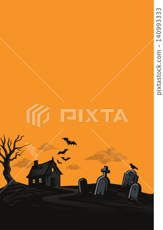 Minimalist silhouette graveyard landscape with dead tree, bats and haunted mansion on sunset sky vertical background graphic illustration have blank space. 140993333