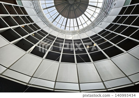 Modern Architecture Interior View of Circular Glass Dome Skylight. Modern Architecture Interior View of Circular Glass Dome Skylight. 140993434