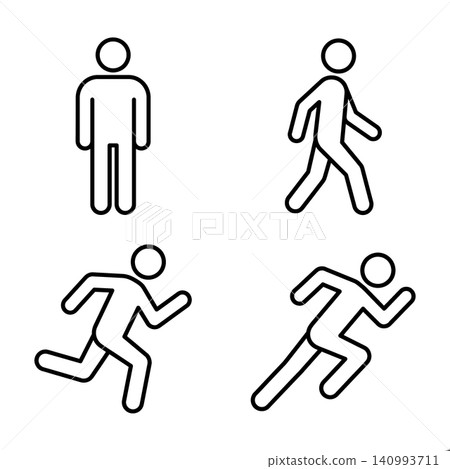 Minimalist line art stick figure icon set: standing, walking, running, and sprinting. Minimalist line art stick figure icon set: standing, walking, running, and sprinting. 140993711