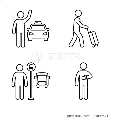 Minimalist line art stick figure icon set: hailing a taxi, pulling luggage, waiting at a bus stop, and checking the time. Minimalist line art stick figure icon set: hailing a taxi, pulling luggage, waiting at a bus stop, and checking the time. 140993712