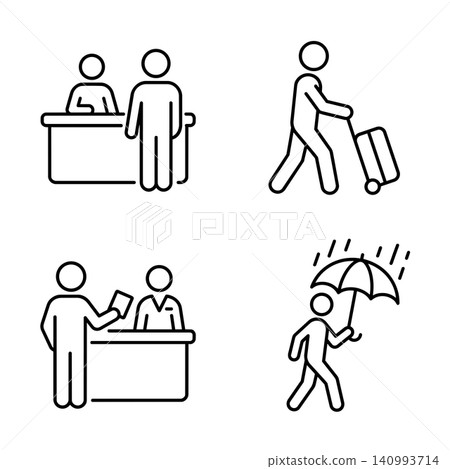 Minimalist line art stick figure icon set: reception desk, pulling luggage, checking in, and walking with an umbrella in the rain. 140993714