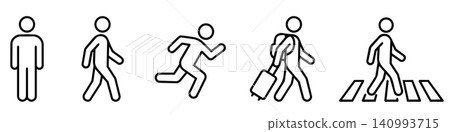 Minimalist black and white line art stick figures in various daily actions: standing, walking, running, traveling with luggage, and crossing a street. 140993715