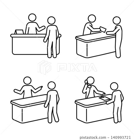 Minimalist black and white line art pictograms of customer service and reception desk interactions. Minimalist black and white line art pictograms of customer service and reception desk interactions. 140993721