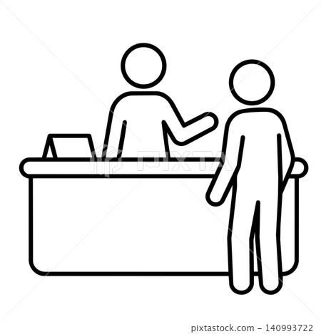 Customer service vector icon, receptionist interacting with client at a counter, minimalist line art style. 140993722