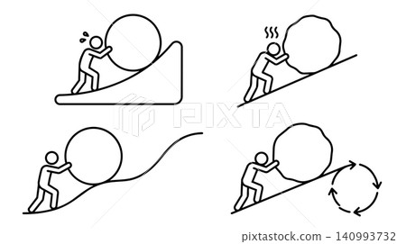 Sisyphus Pushing Boulder Uphill Stick Figure Line Icon Set Concept Sisyphus Pushing Boulder Uphill Stick Figure Line Icon Set Concept 140993732