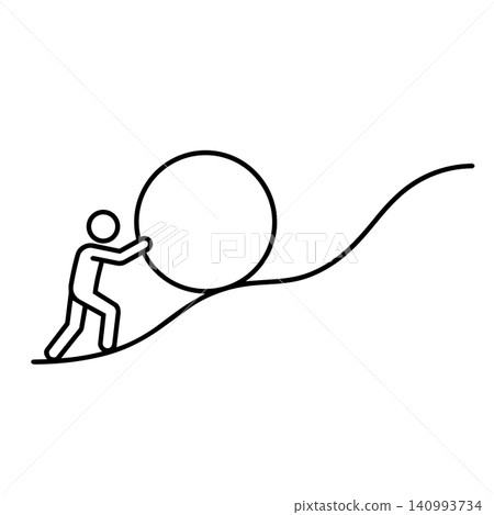 Line art icon of a person pushing a heavy stone on a wavy uphill path symbolizing persistence and challenges Line art icon of a person pushing a heavy stone on a wavy uphill path symbolizing persistence and challenges 140993734