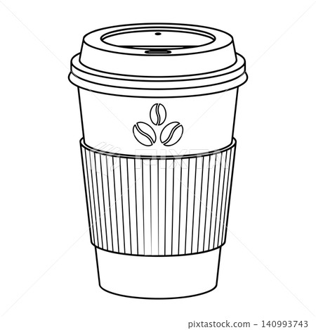 Minimalist black and white line art of a single takeaway coffee paper cup with a lid, corrugated sleeve, and coffee bean logo. 140993743