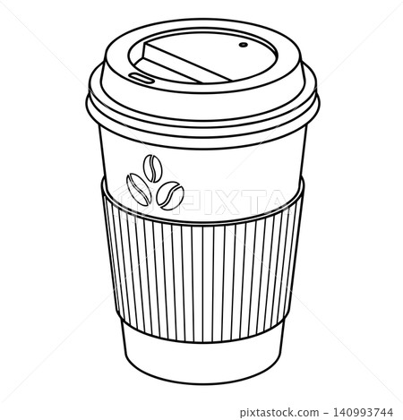 Minimalist black and white line art of a takeaway coffee paper cup with a lid, corrugated sleeve, and coffee bean logo from an angled perspective. Minimalist black and white line art of a takeaway coffee paper cup with a lid, corrugated sleeve, and coffee bean logo from an angled perspective. 140993744