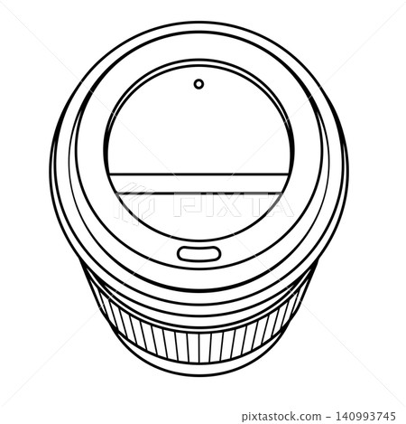Minimalist black and white line art of a takeaway coffee paper cup with a lid and corrugated sleeve, top view perspective. Minimalist black and white line art of a takeaway coffee paper cup with a lid and corrugated sleeve, top view perspective. 140993745
