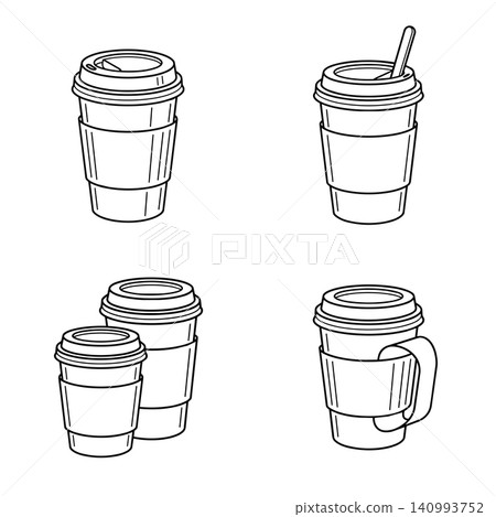 Minimalist black and white line art set of takeaway coffee paper cups with lids and sleeves, including stirrer and handle variations. Minimalist black and white line art set of takeaway coffee paper cups with lids and sleeves, including stirrer and handle variations. 140993752