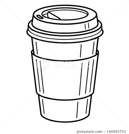 Minimalist black and white line art of a single takeaway coffee paper cup with lid and sleeve. 140993753