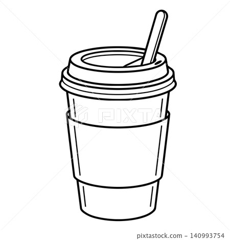 Minimalist black and white line art of a takeaway coffee paper cup with lid, sleeve, and stirrer. 140993754