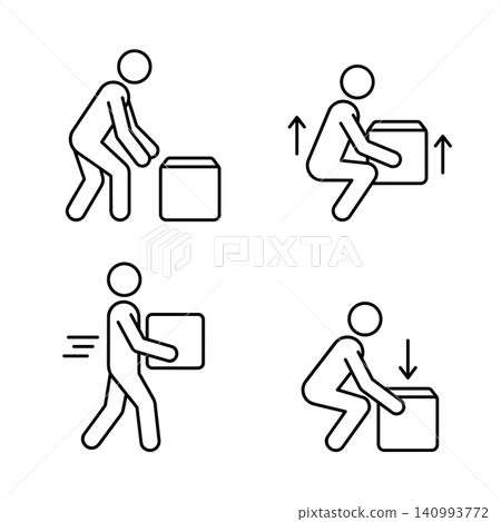 Stick Figure Safe Lifting Process and Proper Manual Handling Line Icon Set 140993772