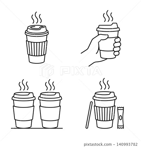 Hand Holding Hot Takeaway Coffee Paper Cup Line Icon Set Hand Holding Hot Takeaway Coffee Paper Cup Line Icon Set 140993782