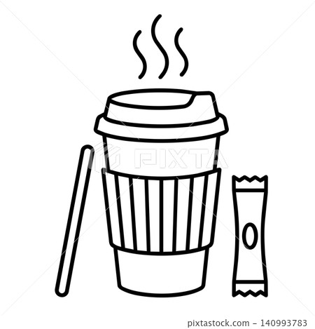 Hot Takeaway Coffee Paper Cup with Stirrer and Sugar Packet Line Art Vector 140993783