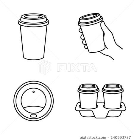 Takeaway Coffee Paper Cup and Cup Carrier Line Icon Set Takeaway Coffee Paper Cup and Cup Carrier Line Icon Set 140993787