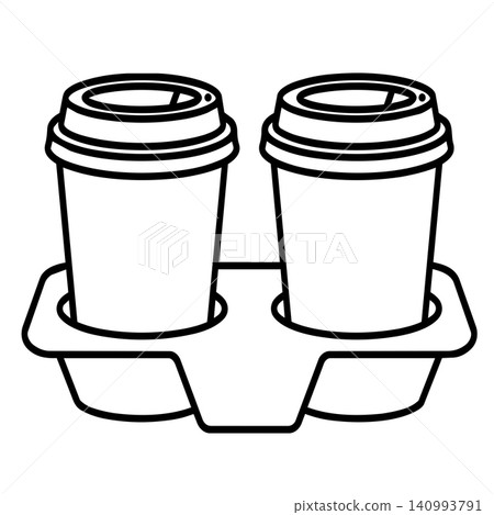 Two Takeaway Coffee Paper Cups in Cardboard Carrier Line Art Vector Two Takeaway Coffee Paper Cups in Cardboard Carrier Line Art Vector 140993791