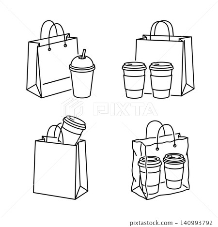 Coffee cups and paper shopping bags line art vector icon set. Takeaway food delivery and cafe takeout concepts. Coffee cups and paper shopping bags line art vector icon set. Takeaway food delivery and cafe takeout concepts. 140993792