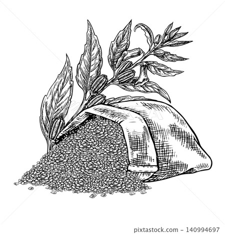 Sesame seeds in burlap bag and a sesame plant. Black and white vector graphics. Hand-drawn illustration. On a white background. Perfect for creating labels, packaging, menus, and more. Sesame seeds in burlap bag and a sesame plant. Black and white vector graphics. Hand-drawn illustration. On a white background. Perfect for creating labels, packaging, menus, and more. 140994697