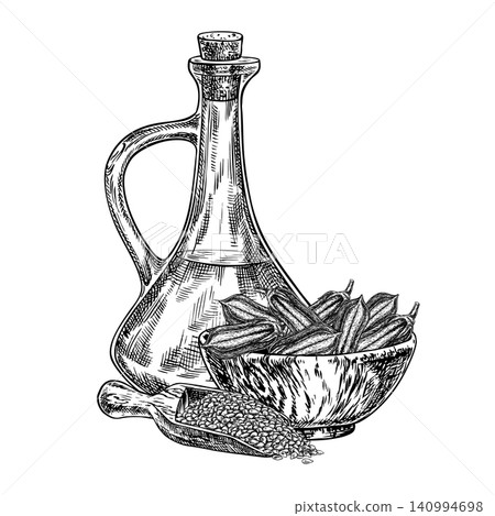 Sesame oil in a bottle, pods in a wooden bowl, and seeds in a scoop. Black and white vector graphics. Hand-drawn illustrations. Perfect for labels, product packaging, posters, menus, and more. Sesame oil in a bottle, pods in a wooden bowl, and seeds in a scoop. Black and white vector graphics. Hand-drawn illustrations. Perfect for labels, product packaging, posters, menus, and more. 140994698
