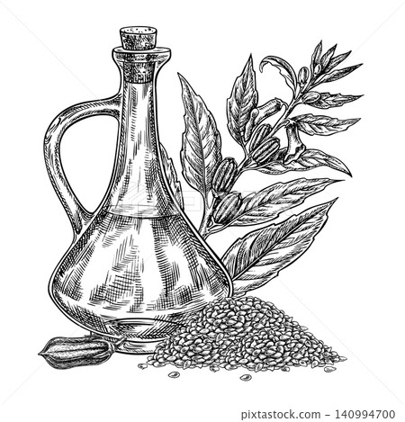 Sesame oil in a glass bottle, a handful of seeds, and a sesame plant. Black and white vector graphics. Hand-drawn illustrations. Perfect for labels, product packaging, posters, menus, and more. Sesame oil in a glass bottle, a handful of seeds, and a sesame plant. Black and white vector graphics. Hand-drawn illustrations. Perfect for labels, product packaging, posters, menus, and more. 140994700