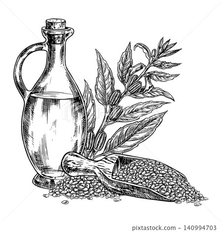 Sesame oil in a glass bottle, seeds in a wooden scoop, and a sesame plant. Black and white vector graphics. Hand-drawn illustrations. Perfect for labels, product packaging, posters, menus, and more. Sesame oil in a glass bottle, seeds in a wooden scoop, and a sesame plant. Black and white vector graphics. Hand-drawn illustrations. Perfect for labels, product packaging, posters, menus, and more. 140994703
