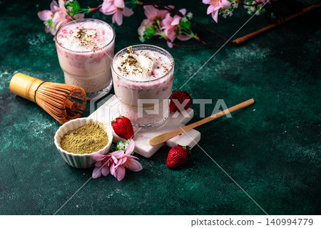 Strawberry matcha latte smoothie cocktail 140994779