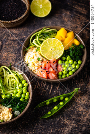 Healthy bowl with salmon and vegetables Healthy bowl with salmon and vegetables 140994784