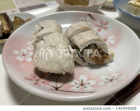 Chicken breast and shiso wrapped in pickled plum paste Chicken breast and shiso wrapped in pickled plum paste 140994806