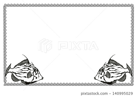 A black and white illustration of a filefish in a square, paper-cut style frame. A black and white illustration of a filefish in a square, paper-cut style frame. 140995029