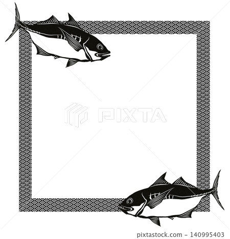 竹莢魚(竹莢魚)單色剪紙風格方形日式圖案畫框材料 竹莢魚(竹莢魚)單色剪紙風格方形日式圖案畫框材料 140995403