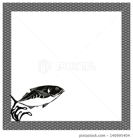 以竹莢魚為設計元素的方形裝飾邊框插圖。 以竹莢魚為設計元素的方形裝飾邊框插圖。 140995404
