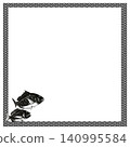 A pair of high-grade sea bream and a monochrome, Japanese-patterned, paper-cut style square frame. 140995584