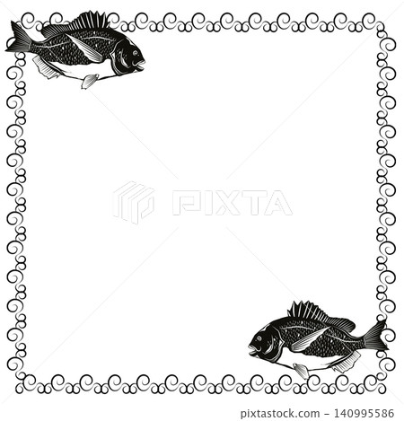 A square decorative frame illustration featuring a Japanese pattern and a pair of sea bream, a high-class fish. A square decorative frame illustration featuring a Japanese pattern and a pair of sea bream, a high-class fish. 140995586