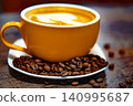 Cup of coffee decorated with heart and coffee beans transparent dark background 140995687
