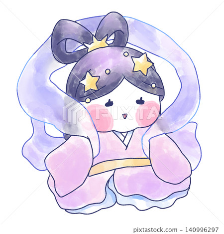 一幅水彩插畫,描繪了織姬坐著微笑的形象。 一幅水彩插畫,描繪了織姬坐著微笑的形象。 140996297
