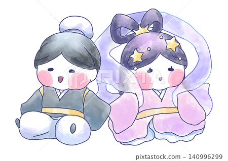 A watercolor illustration of Orihime and Hikoboshi sitting close together. A watercolor illustration of Orihime and Hikoboshi sitting close together. 140996299