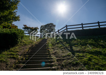 Kameyama Park and Kameyama Park Wanpaku Hiroba (Playground) in Kameyama City, Mie Prefecture: Image of the park stairs on a hot summer day. Kameyama Park and Kameyama Park Wanpaku Hiroba (Playground) in Kameyama City, Mie Prefecture: Image of the park stairs on a hot summer day. 140996328
