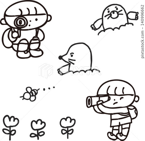 男孩正在進行科學專案的線條描插圖。 140996662