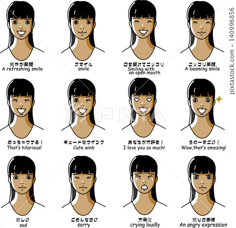一組 12 個表達女性情感的圖示（簡單的線條藝術）。 140996856